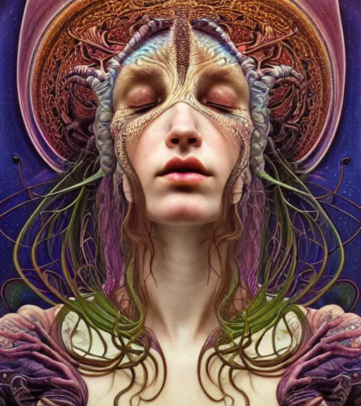 Image similar to detailed realistic beautiful young groovypunk queen of andromeda galaxy in full regal attire. face portrait. art nouveau, symbolist, visionary, baroque, giant fractal details. horizontal symmetry by zdzisław beksinski, iris van herpen, raymond swanland and alphonse mucha. highly detailed, hyper - real, beautiful