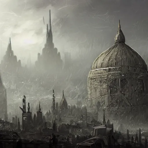 Image similar to Digital art, trending on Artstation, imperial russian warhammer 40k citadel black domes and tall radio spires, Dark and rainy mega city with towering walls built to block the migrants of the coming climate change migrant crisis showing piles of hundred bodies outside to maintain a quality of life for those who can survive the severe and deadly weather patterns observing small children targeted by advanced military style drones, dystopian, pbr render, concept art illustration, tilt shift background, wide depth of field, 8k, 35mm film grain