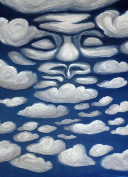 Image similar to a painting of faces of old indigenous people embedded in the clouds in the sky