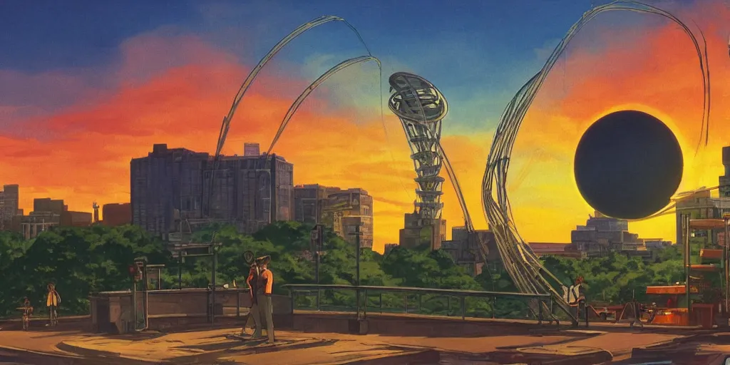 Prompt: fusion reactor helix, wonderous and magical, in an urban setting, sunset, by Studio Ghibli and Edward Hopper