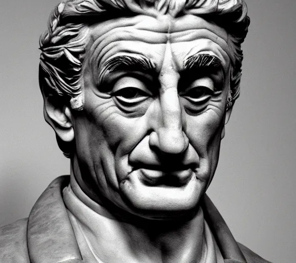 Image similar to a hyper-detailed marble status of Robert DeNiro by Michelangelo; anatomically correct; an extraordinary masterpiece!!!; proud posture; photorealistic eyes; trending on artstation; f/1.4; 90mm