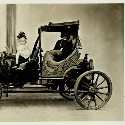 Image similar to dinos driving cars, victorian photo,