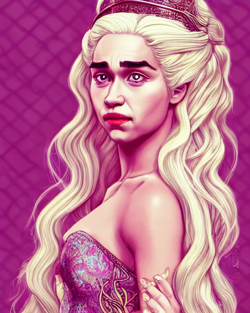 Prompt: closeup portrait happy beautiful daenerys targaryen with long blonde windblown hair in an ornate royal dress, standing on a street in chinatown, pink lipstick, glamour pose, detailed illustration, digital art, trending on artstation, arney freytag, frank miller, moebius, graffiti, gta v,