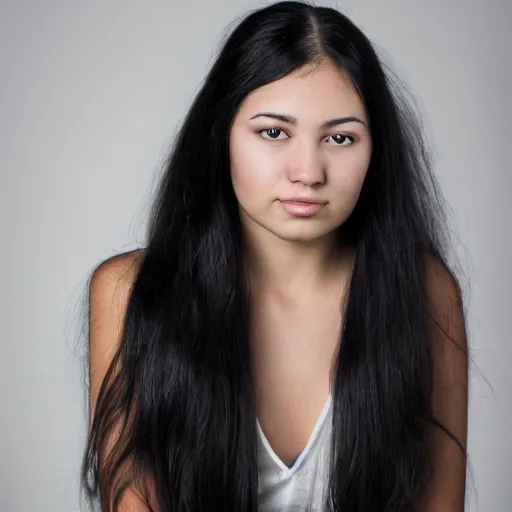 Image similar to young woman with long messy black hair, slightly smiling, 1 3 5 mm nikon portrait