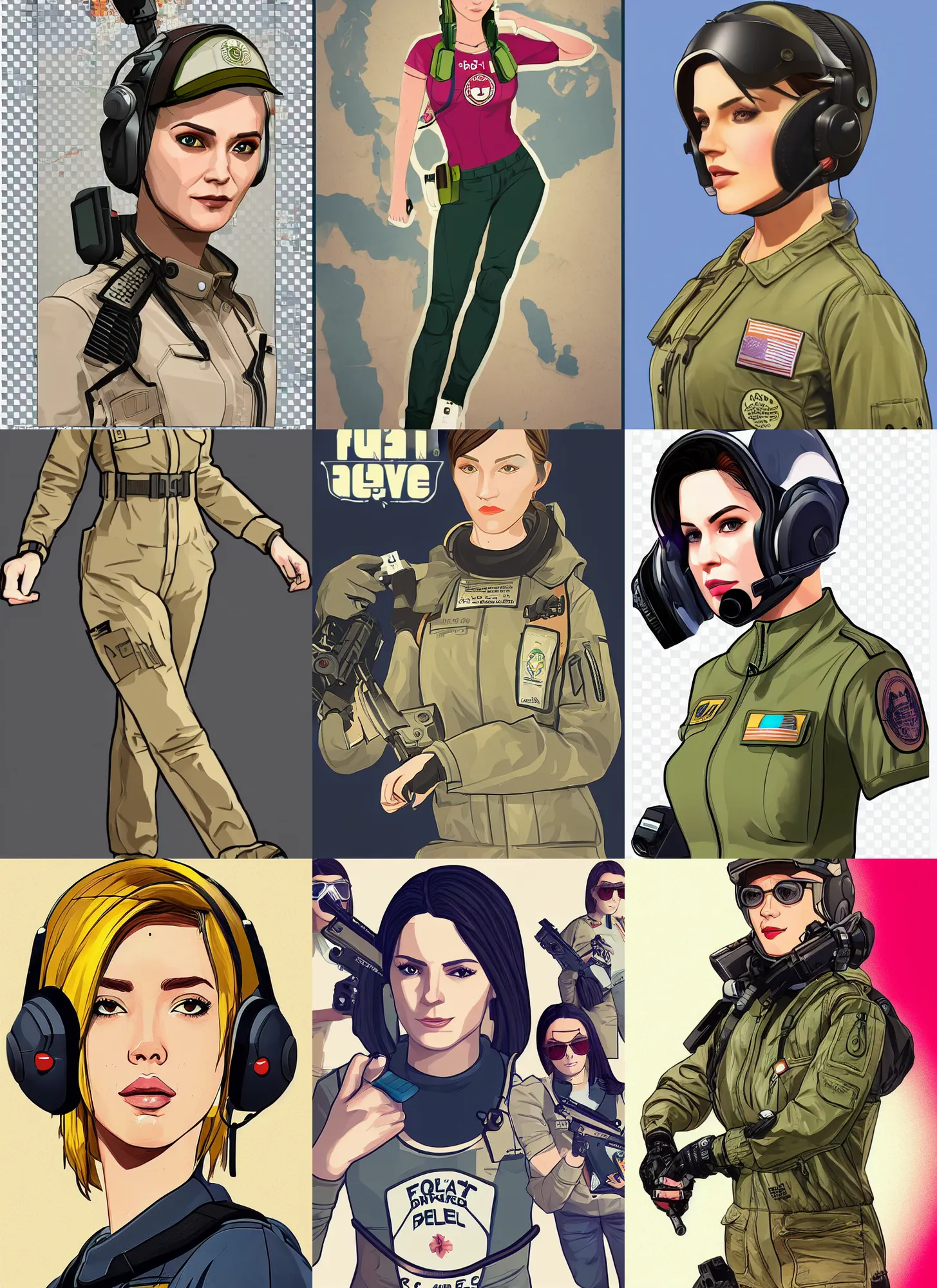 Prompt: flat color cell shaded full body female pilot beautiful face wearing full detailed clothing, gtav boxart