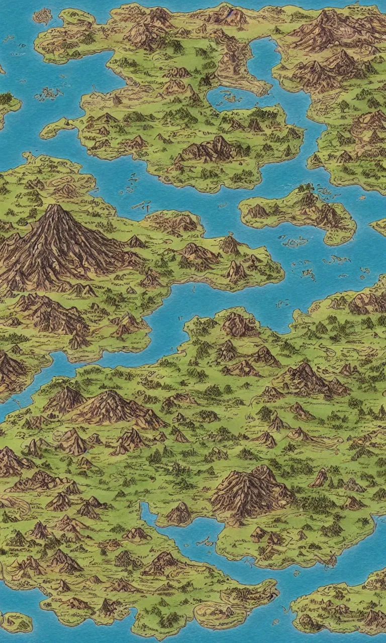 Image similar to an incredibly detailed map of a fantasy world showing a volcano, coastal cities, a large desert, and a few mountain chains, with elaborate biomes and illustrations