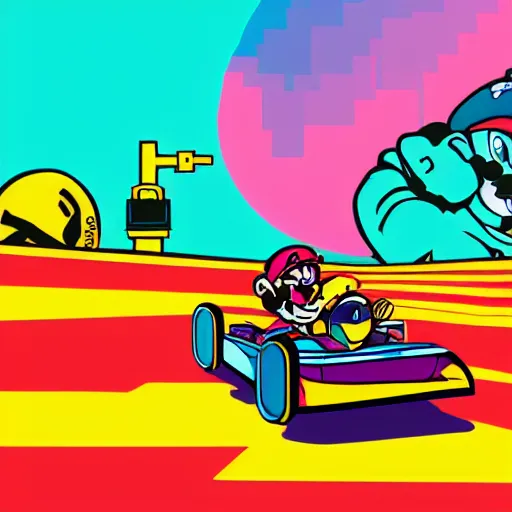 Image similar to synthwave illustration of Super Mario driving go kart into the sunset, trending on deviantart