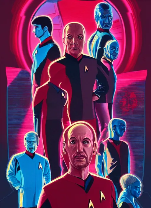 Prompt: Star Trek TNG crew portrait photo, Cyberpunk 2049, highly detailed, poster artwork by Michael Whelan and Tomer Hanuka