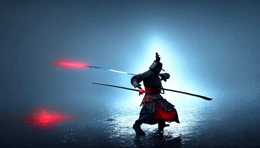 Image similar to Digital Art of A Samurai! Ninja! in Action, fighting and swords colliding, standing in a glowing lake while it rains, Concept Art, highly detailed, Artstation, 8k, Raytracing, Unreal Engine 5