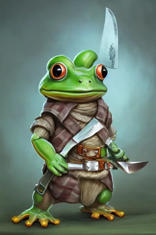 Image similar to cute anthropomorphic frog wearing butcher clothes with a hat and holding a cleaver knife ,tiny, small, miniature frog, baby animal, short, pale blue armor, cute and adorable, pretty, beautiful, DnD character art portrait, matte fantasy painting, cgsociety Artstation, by Jason Felix by Steve Argyle by Tyler Jacobson by Peter Mohrbacher, cinematic lighting