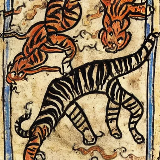 Image similar to bad drawn tiger of fire with many legs flying in a medieval manuscript, medieval manuscript, golden miniatures