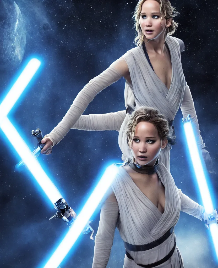 Image similar to jennifer lawrence as a jedi holding up a blue lightsaber, very dark background, official new star wars episode xi movie poster from lucas arts, perfect symmetrical face, full moon, moody lighting, 8 k, shallow depth of field, intricate detail,