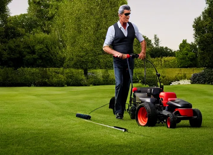 Image similar to pierce brosnan mowing the lawn, 8 k, 8 5 mm f 1. 8, studio lighting, rim light, right side key light