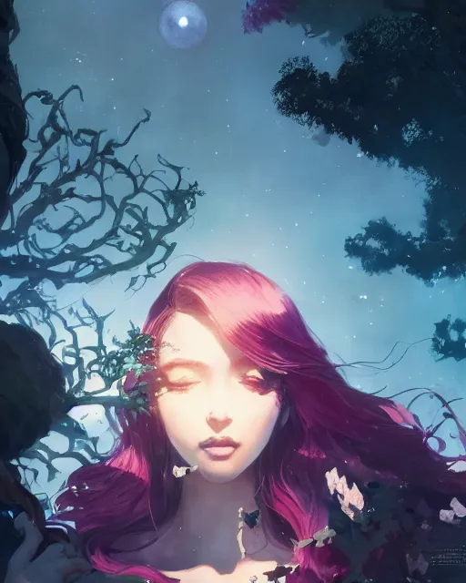 Prompt: a highly detailed image of A beautiful woman basking in the moonlight, with medium length magenta hair, and a tall tree, and large obsidian crystals, cinematic lighting, dramatic atmosphere, by Dustin Nguyen, Akihiko Yoshida, Greg Tocchini, Greg Rutkowski, Cliff Chiang, 4k resolution, trending on artstation