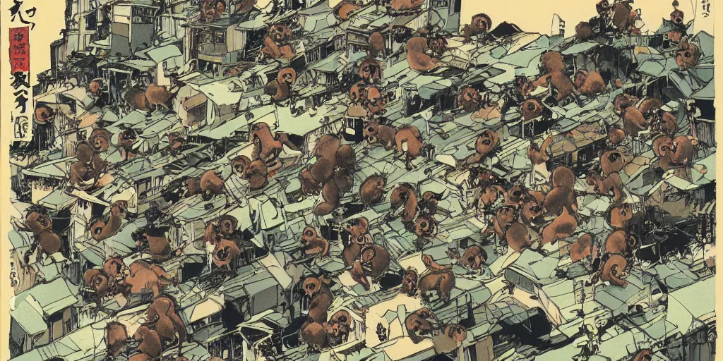 Image similar to a tight shot of a dozen monkeys attacking a city in Japan by Ashley Wood, rule of thirds