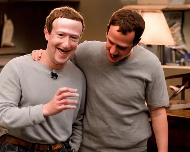 Image similar to mark zuckerberg and jack nicholson play termiantor, scene where their endoskelet gets exposet