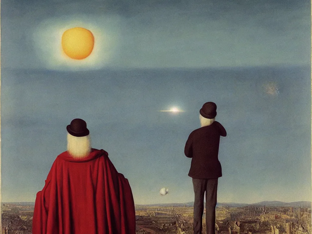 Prompt: albino mystic, with his back turned, looking at a atomic explosion over a city in the distance. Painting by Jan van Eyck, Audubon, Rene Magritte, Agnes Pelton, Max Ernst, Walton Ford