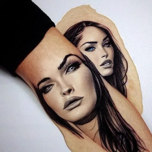 Image similar to realism tattoo sketch of double exposure megan fox with beautiful mountain scenery, in the style of andrey lukovnikov
