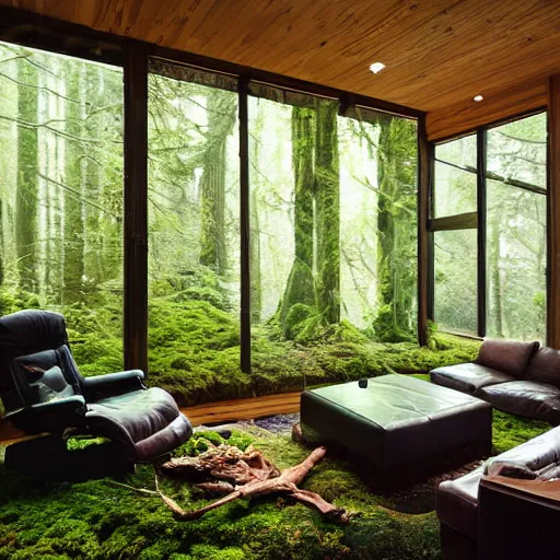 Image similar to living room interior with temperate rainforest aesthetic, live redwood furniture and objects, moss floor, volumetric atmospheric interior fog, fallen log furniture.