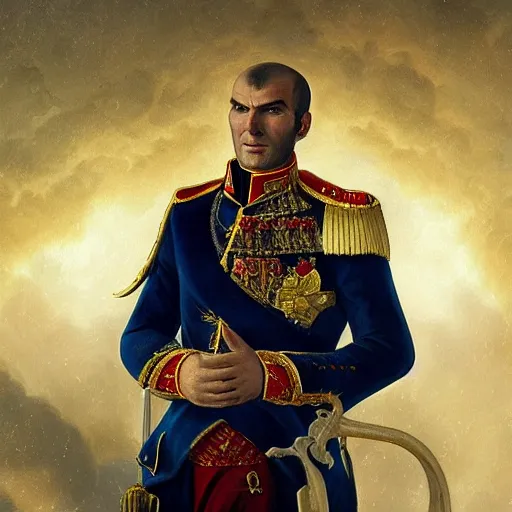 Image similar to Portrait of Zinédine Zidane as Emperor Napoleon, stunning screensaver, screensaver, head slightly tilted, natural light, elegant, intricate, fantasy, atmospheric lighting, cinematic, matte painting, Greg Rutkowski