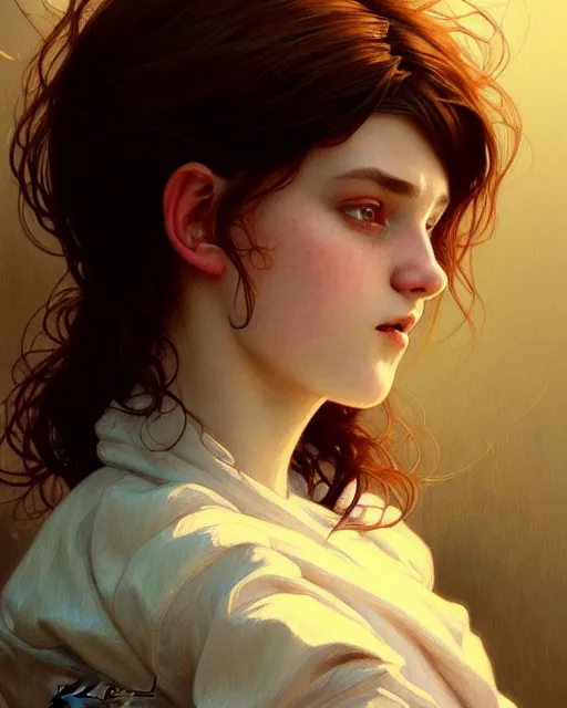 Image similar to portrait of a welsh teenage girl with brown hair, glowing skin, delicate features, amelie poulain, fantasy, intricate, elegant, dress shirt, highly detailed, digital painting, artstation, concept art, smooth, sharp focus, illustration, art by Krenz Cushart and Artem Demura and alphonse mucha