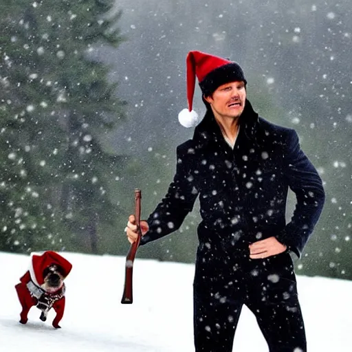 Prompt: tom cruise in costume with a christmas hat and a small dog and a kalachnikov. wood cabin and a lake in the background. it's snowing.