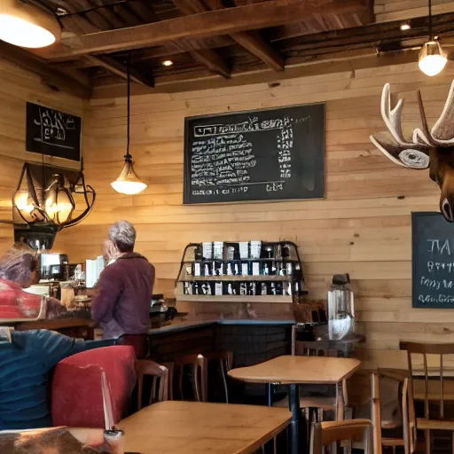 Image similar to a moose in a coffee shop in vermont, realistic, 8 k