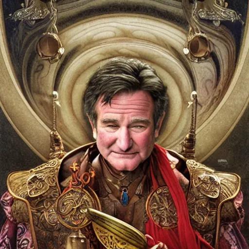 Prompt: an ultradetailed portrait of robin williams dressed as sheogorath, floating in the air with magic, the elder scrolls, fantasy, intricate, elegant, highly detailed, digital painting, matte, sharp focus, illustration, art by john collier and albert aublet and krenz cushart and artem demura and alphonse mucha