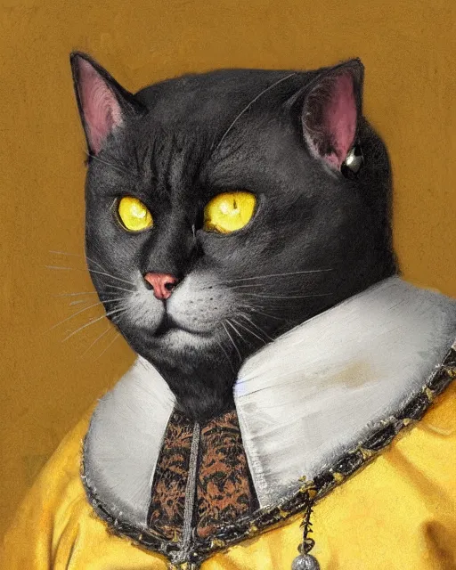 Image similar to fat dark gray cat with yellow eyes dressed like henry viii, tudor period robes in scarlet gold black, tudor bonnet, luxurious, opulent, regal, royal portrait, hans holbein the younger, greg rutkowski