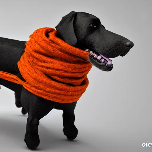 Image similar to robotic dog wearing a large scarf around its neck. 3 d render, oktane, post - processing, 8 k, cinematic lighting