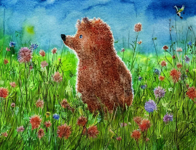 Prompt: feral chia pet in the meadow. russian fairytale art, watercolor, dynamic composition, backlighting