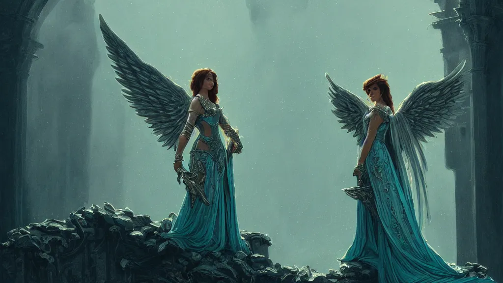 Image similar to angel, big wings, low key light, full plate armor with cloth, f 1 6, bokeh, medium portrait, gentle, female, ornate city ruins, landscape, d & d, fantasy, intricate, elegant, highly detailed, teal white gold color palette, roger deakins, sharp focus, concept art, greg rutkowski and alphonse mucha