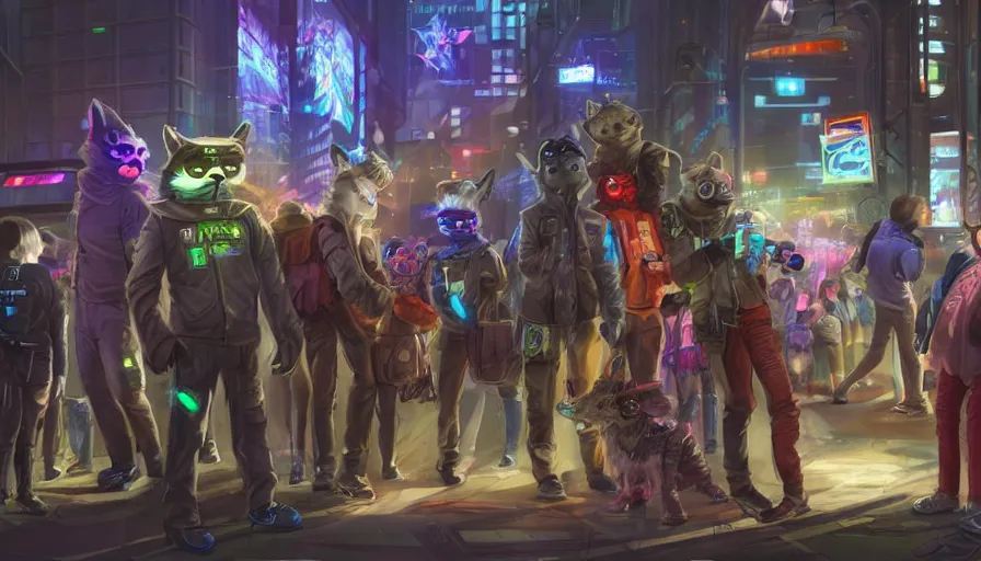 Image similar to high - resolution photograph from a cyberpunk era furry fandom convention ( midwest furfest 2 0 4 7 ), taking place after the genetic revolution and quantum singularity. photorealistic.