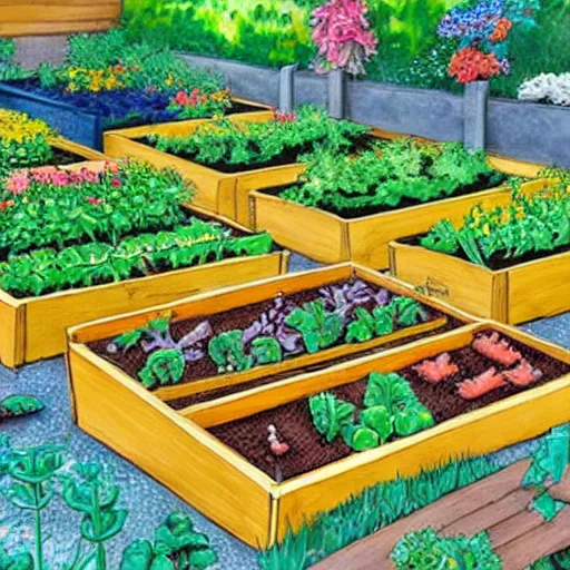 Image similar to raised garden beds full of tomotoes and string beans, concept art, illustrated, highly detailed, high quality, bright colors, optimistic,