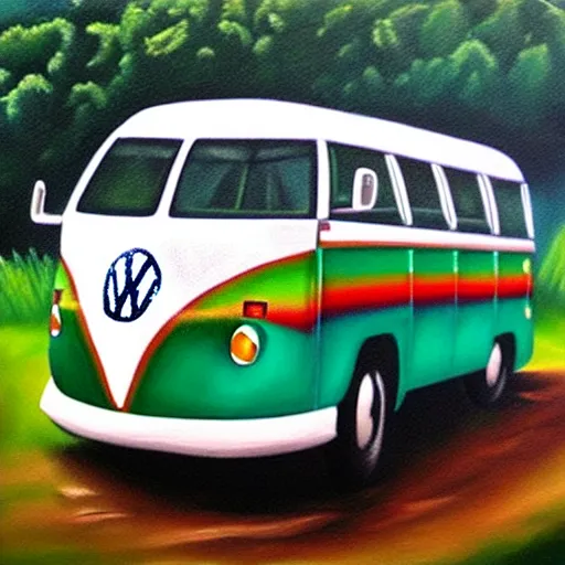 Prompt: a detailed oil painting of a vw bus