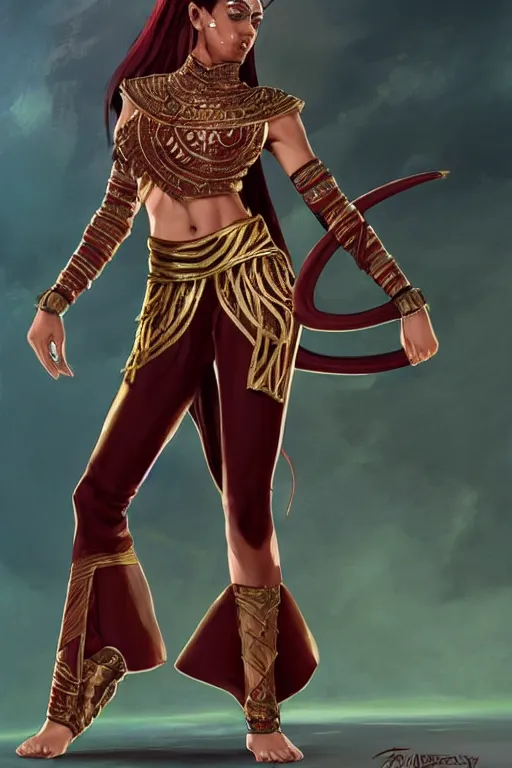 Prompt: Full body Picture of a Battle Dancer, arab inspired, wearing two metallic rings, dark brown skin, light red hair, waist reaching ponytail, crimson attire, exposed midriff, battle, detailed face features, dark green eyes, fanservice, D&D, by artgerm and Craig Mullins, James Jean, Andrey Ryabovichev, Mark Simonetti and Peter Morbacher, matte painting, trending on artstation, artstationHD, artstationHQ, octane, full HD, 16K, alluring