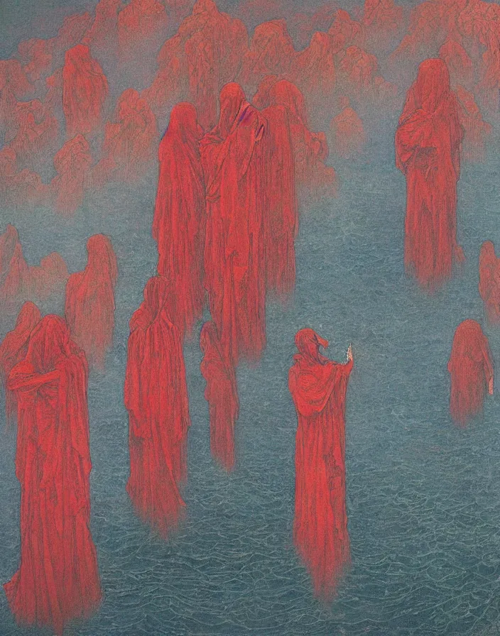 Image similar to worshippers in red robes belonging to the cult of the lighthouse clambering out of the water and entering the light house, high detailed beksinski painting, part by adrian ghenie and gerhard richter. art by takato yamamoto. masterpiece, deep colours, blue