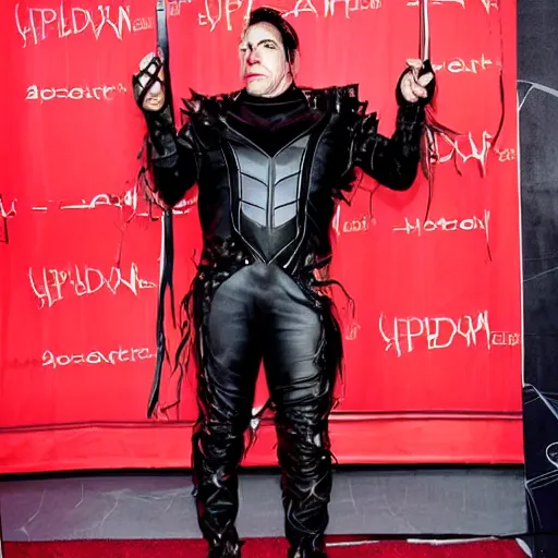 Image similar to till lindemann in costume of spider man