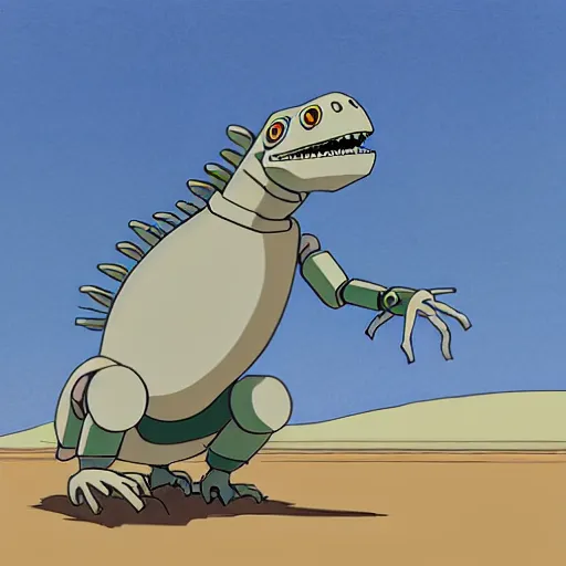 Image similar to a study of cell shaded cartoon of a grey robot iguana from howl's moving castle ( 2 0 0 4 ) on a desert road, full body, wide shot, very muted colors, post grunge, studio ghibli, laurie greasley, highly detailed, deviantart, art by artgem