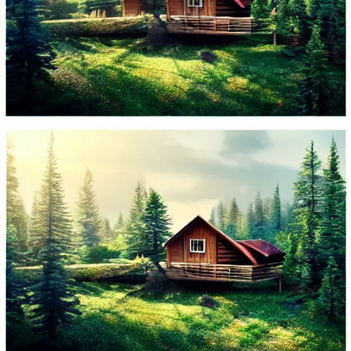 Prompt: beautiful landscape, cabin home on the top of a hill surrounded by trees, natural lighting, 35mm photography, highly detailed, 8K, artgerm, cgsociety, warm lighting