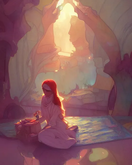 Image similar to pages of the quran falling down romantic storybook fantasy, soft cinematic lighting, award, disney concept art watercolor illustration by mandy jurgens and alphonse mucha and alena aenami, pastel color palette, featured on artstation