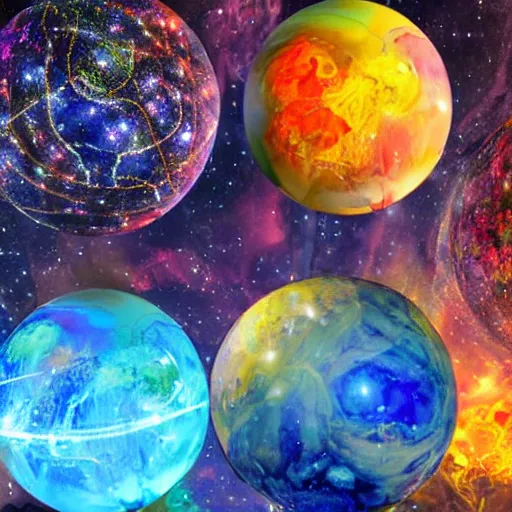 Image similar to multiple colorful globes full of twigs swirling around a hellscape, crystals illuminating the night sky