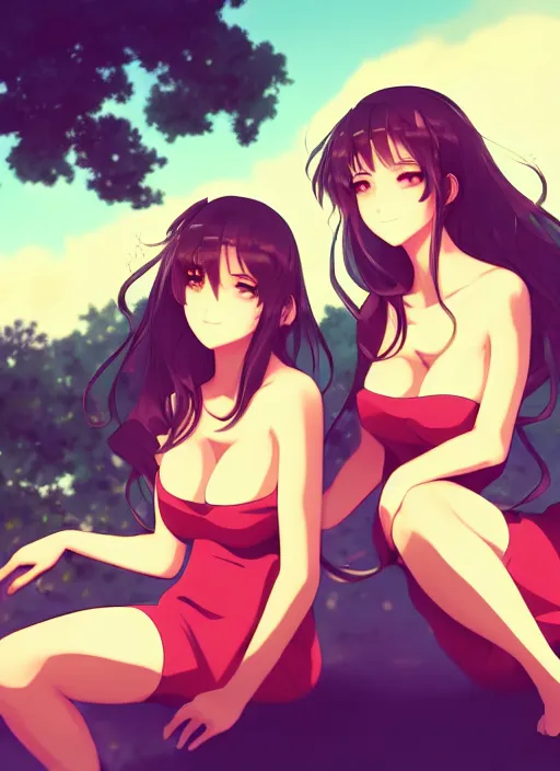 Image similar to two beautiful mothers sitting on a hot summer evening, gorgeous faces, thick lines, cinematic lighting, detailed anime art