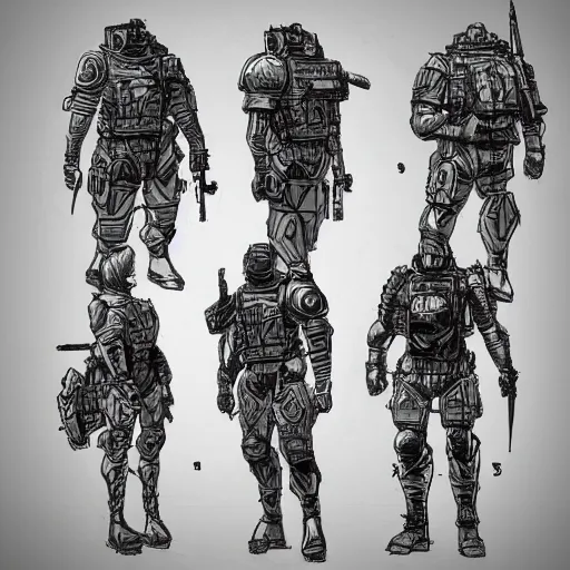 Prompt: sketches concept art standard massive nano chest armor plating military modern era variants digital