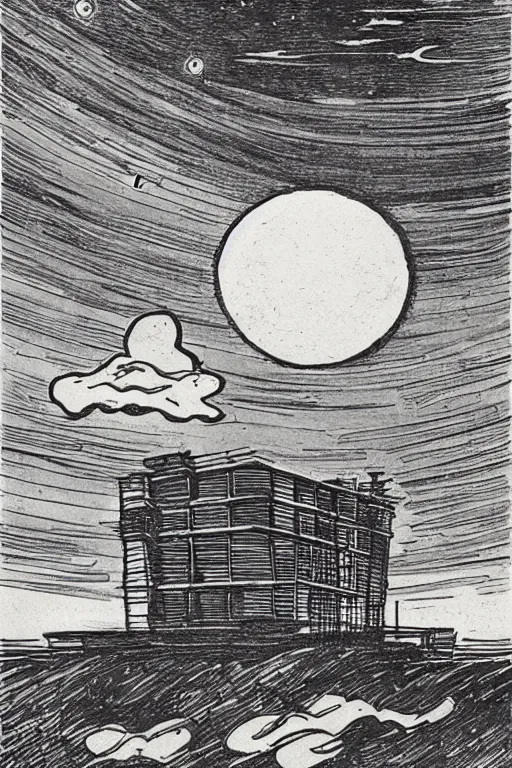 Image similar to seaside modern building, night, moon in sky encircled by clouds, heavy ink!!!!!!! mike mignola