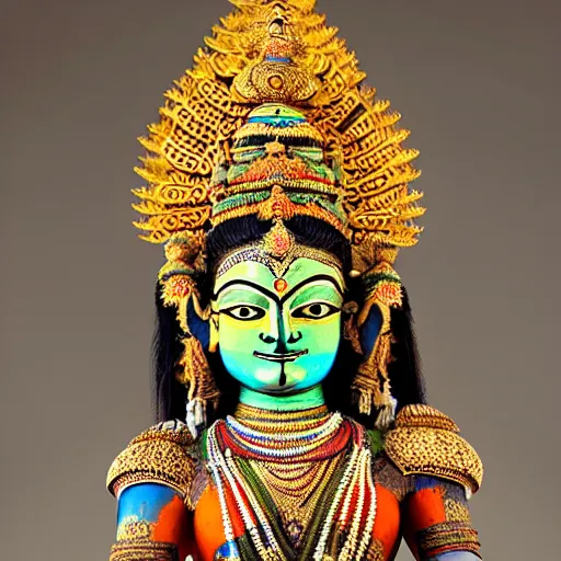 Image similar to a woman wearing an armor and headdress. the armor and headdress is made out of the colors, textures and sculptures of the meenakshi temple in madurai. intricate. detailed.