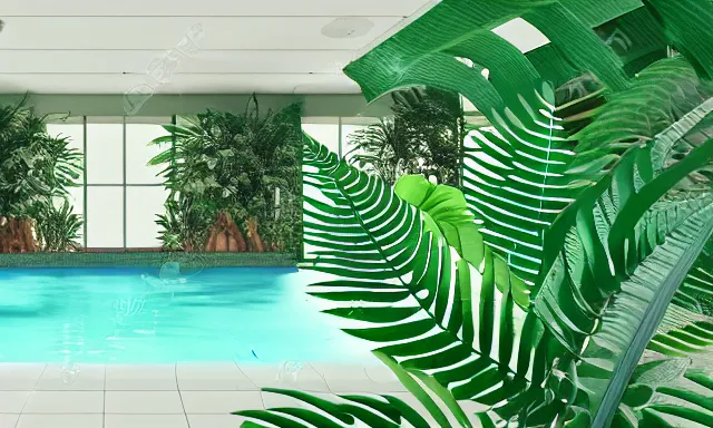 Prompt: 3d render of indoor pool with ferns and palm trees, pool tubes, chromatic abberation, depth of field, 80s photo