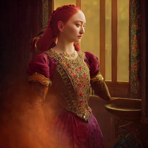 Image similar to sophie turner in javanese victorian clothing, hyper realistic, ambient lighting, concept art, intricate, hyper detailed, smooth, dynamic volumetric lighting, octane, raytrace, cinematic, high quality, high resolution, 4 k, cgsociety, rutkowski, gurney