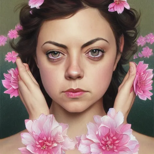 Image similar to pink petals with a ahape of a wonderful aubrey plaza and christina ricci and mila kunis and olivia newton john, intricate, elegant, highly detailed, wonderful eyes, sweet, digital painting, artstation, concept art, smooth, sharp focus, illustration, art by artgerm and greg rutkowski and alphonse mucha and william - adolphe bouguereau