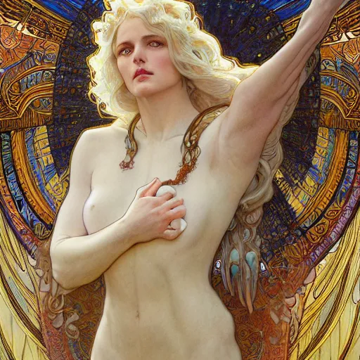Image similar to white ox with angelic wings, drawn by Donato Giancola and Artgerm, Light by Julie Bell, design by alphonse mucha, background by James Jean and gustav klimt and John Marshall Gamble, 4k, volumetric lighting, french nouveau, trending on artstation, octane render, hyperrealistic